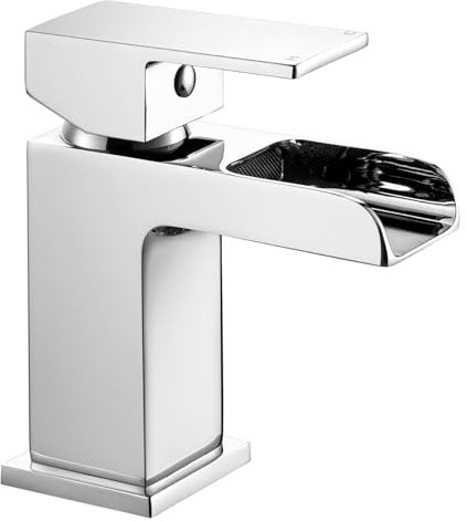 Sistaby Basin Mixer Taps Bathroom Sink Tap Mixers Waterfall Square Monobloc Chrome Cloakroom Faucet with G1/2’’ Hoses Mono 1 Hole Single Lever Semi-Open Spout Modern