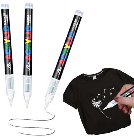 MOLZINY 3 Stück Waschmaschinenfest Weicher Stift Textilmarker Lichtecht und Wasserfeste 1-5mm Weiß Textilstifte Permanent Stoffmalstifte für T-Shirt Stoffbeutel Basteln