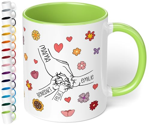 Personalisierte Tasse für Mama & Oma - Geschenk mit 1 bis 6 Kindern „Hände mit Namen“ – Muttertag, Geburtstag, Weihnachten - rundum bedruckt - Keramiktasse, ca. 330ml, Hellgrün, 3 Kinder