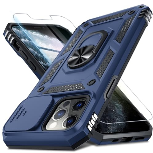Janmitta for iPhone Xs Max Case Built in Slide Camera Lens Cover+Screen Protector,Heavy Duty Shockproof Full Body Phone Cover with Finger Ring Holder Kickstand,Blue