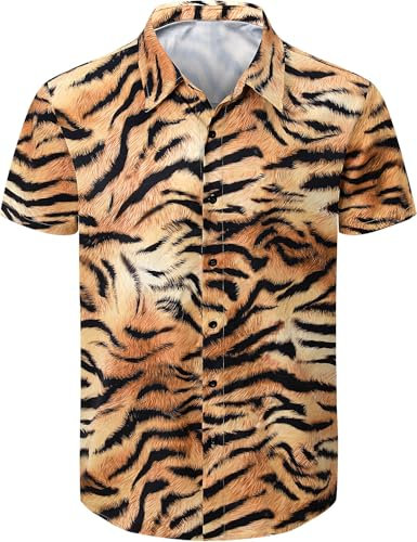 COSAVOROCK Tiger Print Shirt for Men Short Sleeve Hawaiian Shirts, Orange, XL