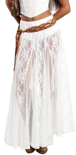 ensswliz Women Tiered Sheer Lace Maxi Skirt High Waist See Through Floral Mesh Long Skirt Clubwear Party Flowy A-Line Skirt (B-White, M)