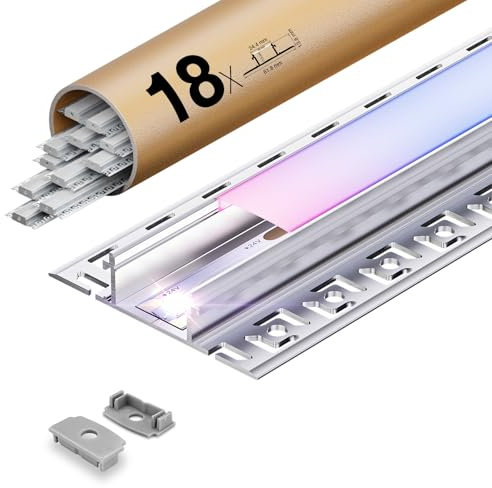 KOSOOM LED Fliesenprofil 2m x 18 Stück, Einfache Montage - LED Profil Flächenbündig für Led Streifen bis 20 mm, inkl. Lichtdiffusor aus PC Endkappen, für Decke, Gipskarton Holz geeignet