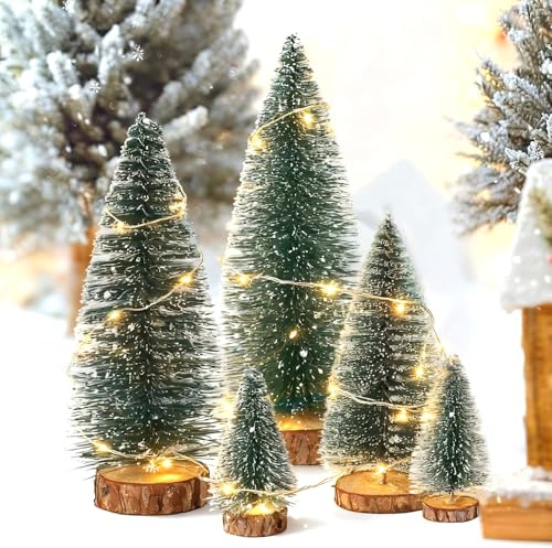 Fairblo Mini Christmas Tree 5Pcs Small Artificial Sisal Frost Trees Xmas Tabletop Decoration Bottle Brush Trees with Woodland Light String for Xmas Home Decor Winter Party Ornaments