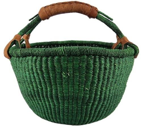 Großer Bolga Rundkorb ca Ø 30 x 30 cm – Original aus Ghana – Handgefertigt – Fair Trade – Einkaufskorb mit Ledergriff Dunkelgrün