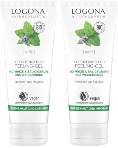 Bio Tiefenreinigendes Peeling-Gel von LOGONA Naturkosmetik für unreine Haut & Mischhaut mit Bio-Minze & natürlicher Salicylsäure aus Weidenrinde, Tiefenreinigend & Mattierend, Natürlich & Vegan,100 ml