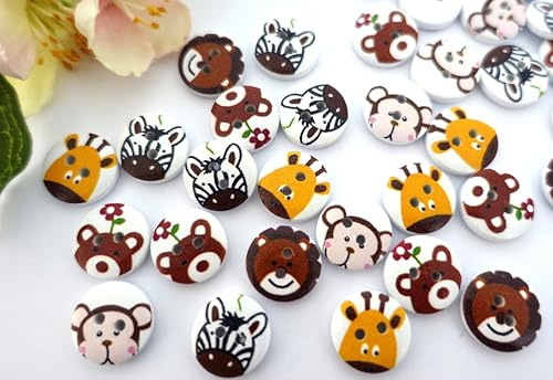 Holzknöpfe Rund, 20 mm, Weiß/Bunt, 10 Stück – Tiermotive für Kinder, Mädchen & Jungen – Apfelblüte Style & Accessoires
