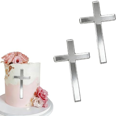 2 Stück Cake Topper Kommunion Tortendeko Kreuz Silber Tortendeko Kommunion Deko Torte Taufe Kreuz Acryl Cake Topper Taufe für Kommunionfeier Konfirmation Hochzeit TaufeKuchen Deko