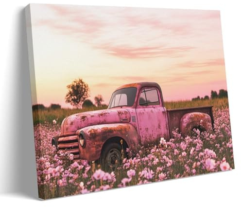 Leinwand-Kunstdruck im Vintage-Stil, Motiv: alter LKW, rosa Pickup-Truck, Bauernhaus-Stil, Gemälde, Dekoration für Wohnzimmer, Innenbereich, hängende Gemälde, Poster, 50 x 75 cm