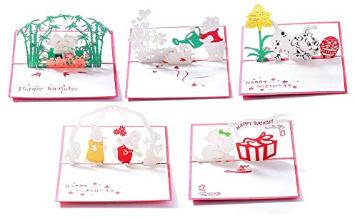 3D Birthday Pop-Up Cards- Cat, Dog, Bear, Rabbit. Cute for Girls & Boys (5 Pack)
