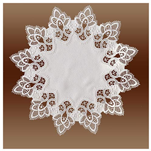 Feines Deckchen Jette Echte Vogtländische Spitze in Natur - Luftspitzen-Rahmendeckchen rund 40 x 40 cm | Edle Tischdeko mit Ornament-Stickerei im klassischen Landhausstil für Tische und Kommoden