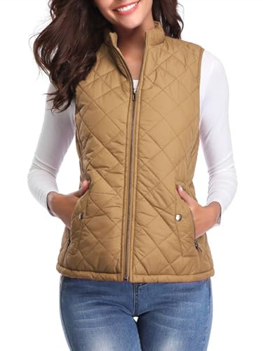 fuinloth Manteaux Sans Manches Femme, Léger Automne Doudoune Zippé Veste Hiver Gilet Camel M