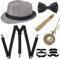 Sinoeem 1920s Herren Accessoires Inklusive Panama Gangster Hut Verstellbar Elastisch Hosenträger Herren Halsschleife Fliege Taschenuhr und Plastik Zigarre (Grau)