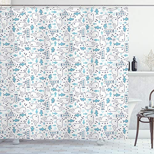 ABAKUHAUS Wale Duschvorhang, Haie kleine Fische Submarines, Stoffliches Gewebe Badezimmerdekorationsset mit Haken, 175 x 220 cm, Indigo Weiß Sea Blue