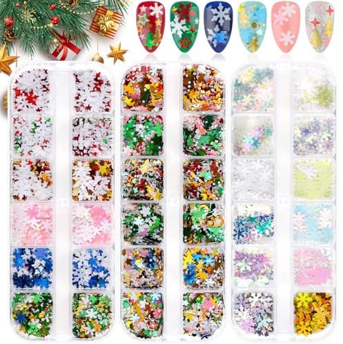 Christmas Nail Glitter Sequins, EBANKU 3 Boxes Holographic Snowflake Star Laser Nail Sequins 3D Nail Art Flakes Mixed Shape Xmas Nail Glitter Flakes Nail Decals for Christmas Party