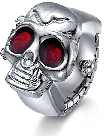 JewelryWe Herren Ringuhr Fingeruhr Analog Quarz Uhr Elastisch Totenkopf Schädel Ring Band Edelstahl Uhr Uhrenring