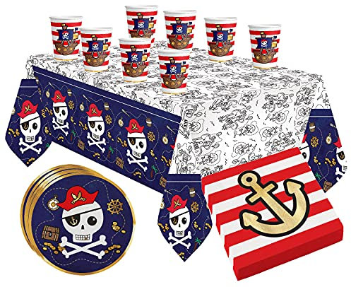 Geschirr Set Piraten Party Kindergeburtstag Teller Becher Servietten Schatzsuche Pirat Party 33 Teile für bis zu 8 Kinder