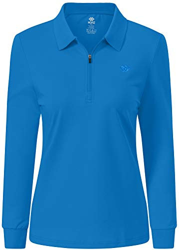 AjezMax Donna Polo Manica Lunga Cotone 1/4 Cerniera Camicia Golf Maglietta Poloshirt Sportiva Yoga Top Lago Blu S