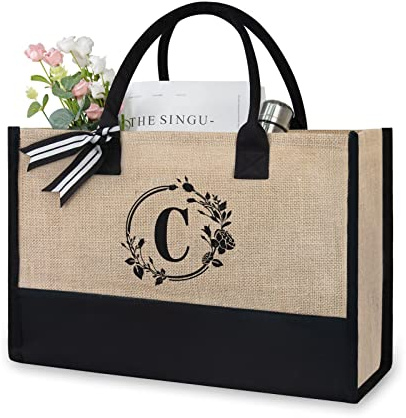 TOPDesign Initial Jute/Canvas Tragetasche, personalisierte Geschenktasche, geeignet für Hochzeit, Geburtstag, Strand, Urlaub, ist ein tolles Geschenk für Frauen, Freunde, Brautjungfern (Buchstabe C)