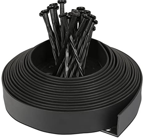 Randaco Bordure de pelouse flexible en plastique avec 30 piquets d'ancrage pour l'ancrage, bordure de parterre flexible, barrière ronde, longueur 10 m, hauteur 5 cm, noire