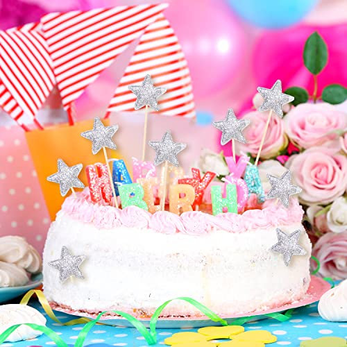 20 Stück Glitter Star Cupcake Toppers Twinkle Star Cupcake Picks Little Star Kuchendekoration für Hochzeitstag Babyparty Geburtstagskuchen Dekorationen Partyzubehör (Silber)
