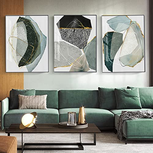 HEHGVCF Leinwandbilder Set Dunkelgrün Marmor Leinwand Bilder 3er set Abstrakt Vintage Geometrisch Poster Modern Wandbilder Druck Home Deko Ohne Rahmen (A,40 x 60cm)