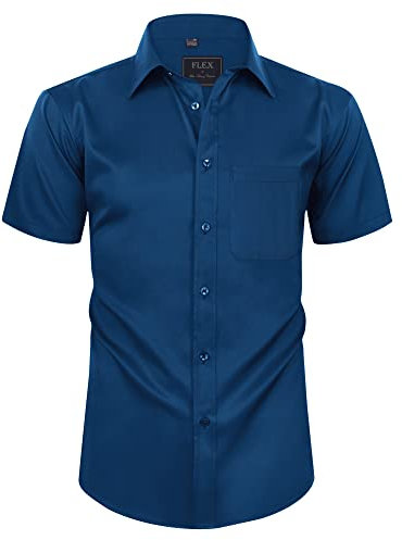 siliteelon Mens Shirts Short Sleeve Stretch Dress Regular Fit Casual Business Summer Shirt with Pocket Navy Blue M