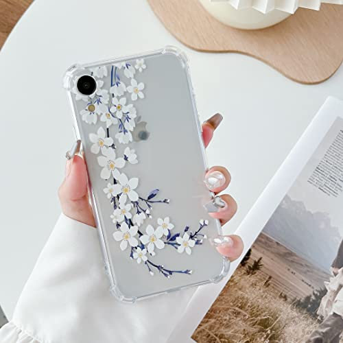 DEFBSC Soft Case Compatible with iPhone XR, Clear Floral Flower Pattern Print Design for Girls Women Flexible Shockproof TPU Bumper Protective Phone Case - White Pear Blossom