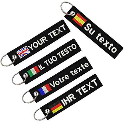 Personalisierte Schlüsselanhänger, Customize Text Tag Doppelseitige deutsche spanische italienische Flagge Stickerei für Motorräder Autos ATV Roller, Geschenk Stickerei Schlüsselanhänger （2-teilig）