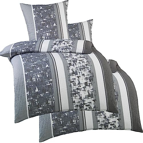KH-Haushaltshandel 4-TLG. Seersucker Bettwäsche 2X 135x200 +80x80cm, grau weiß, Streifen bügelfrei, Microfaser(W401300)
