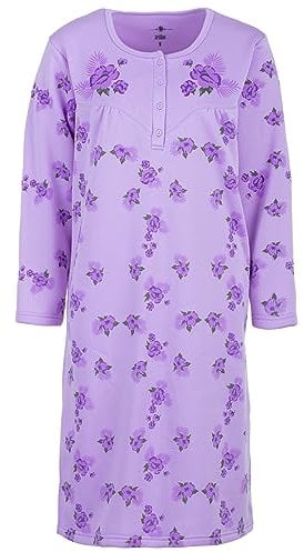 Lucky Thermo Nachthemd Damen Langarm Rosen Design Knopfleiste M-2XL Baumwollmix, Farbe:Flieder, Größe:XXL