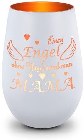 GRAVURZEILE Deko Windlicht aus Glas mit Gravur - Einen Engel ohne Flügel nennt Man Mama - Ideal für Teelichter und Kerzen - Geschenke für Frauen - Geschenk zum Muttertag für Sie - Weiß/Bronze