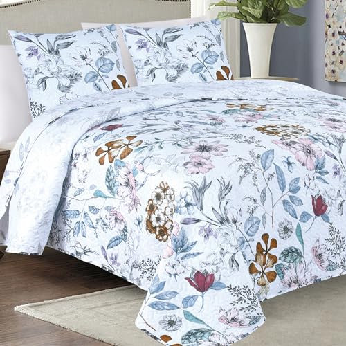 Euromat Tagesdecke Steppdecke Bettüberwurf Gesteppte Tagesdecke mit 2 Kissenbezüge 40x40 cm- (Blaue Weiß Blumen- SY-5632, 180x220 cm)