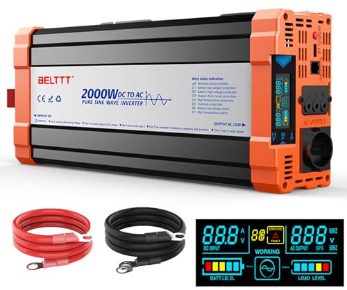 Wechselrichter Spannungswandler 12V auf 230V Reiner Sinus Wechselrichter 2000W Inverter mit EU Steckdosen,USB Ausgang und LCD-Anzeige Spitzenleistung 4000W für Kfz LKW Camping Notfall Haushaltsgeräten