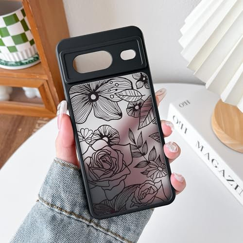 XIZYO Case for Google Pixel 8, Frosted Translucent Rose Floral Flower Pattern Shockproof Phone Cover, for Girls Women Cute Luxury Slim Soft TPU Bumper Protective Case, Black
