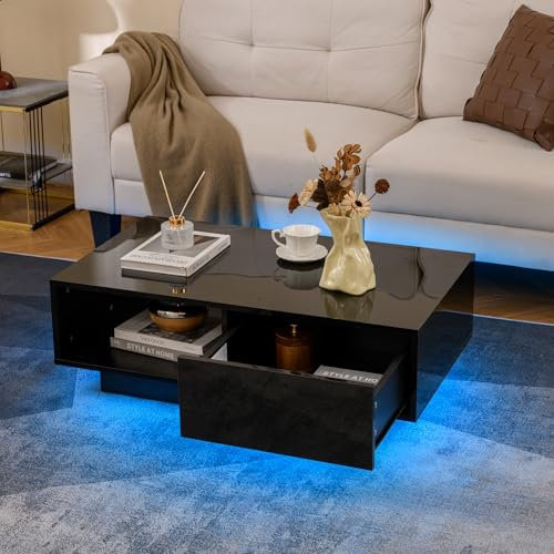 GOPLUS Table Basse Laquée avec 20 Lumières LED Couleurs et Télécommande, Table Basse Salon Noir Charge 65KG, 9 Luminosité et 10 Modes Clignotants (Noir)
