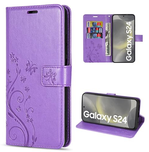 Hülle Kompatibel mit Samsung Galaxy S24 | Premium PU Leder Handyhülle Wallet Case für Galaxy S24 | Schutzhülle Blumen Klapphülle Handyhülle | Lila