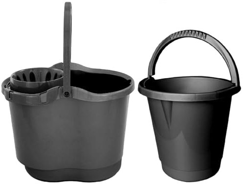 Cleaning Set of 2-14 Litre Plastic Mop Bucket with Carry Handle & Wringer + 10 Litre Plastic Bucket with Carry Handle (Black)