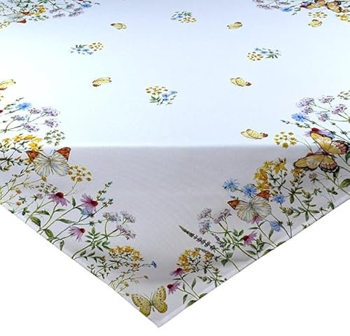 Tischdecke Mitteldecke Tischläufer Kissenhülle Frühling Sommer weiß Bedruckt mit gelben Schmetterlingen und bunten Blumen (85 x 85 cm)