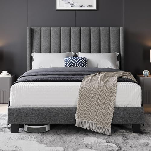 Yaheetech Polsterbett 140 x 200 cm Bettrahmen Stabiles Doppelbett Familienbett Gepolstertes Bettgestell Bett mit Stauraum für Schlafzimmer Gästezimmer, Dunkelgrau