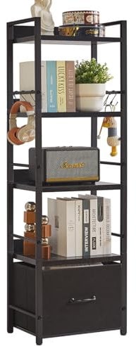 Aibiju Ladder Shelf,5 Tier Bookshelf with Fabric Cloth Drawer, Industrial Ladder Shelf,Steel Frame, Tall Narrow Bookcase with Shelves for Bedroom, Living Room, Black YD-BC001B