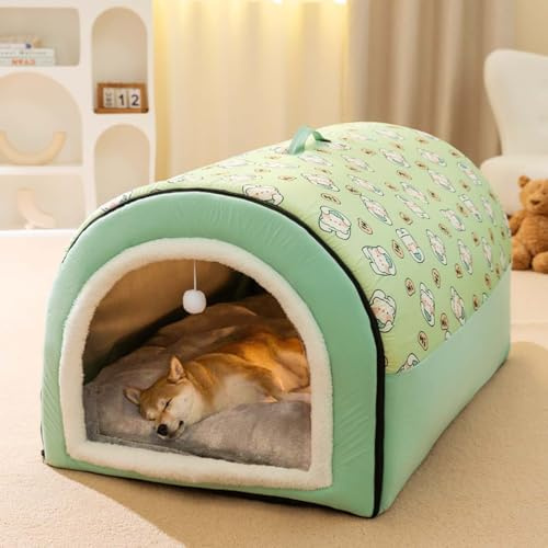 Monbaer Große 2-in-1-Hundehütte mit Angstlinderungskissen, weich und warm, faltbar, beruhigend, rutschfest, warm und rutschfest, herausnehmbar und waschbar (S: 40 x 35 x 35 cm, grün)