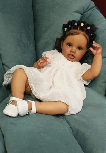 Anano Nette Reborn Baby Puppen Schwarzes Mädchen, 24 Zoll Lebendige Neugeborene Puppen Weicher Körper Echtes Leben Wie EIN echtes Baby Kleinkind Puppe Lottie für Kinder Alter 3+