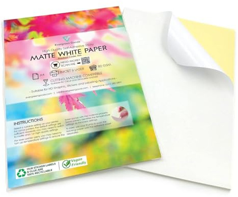 Evergreen Goods A4 White Matte Self-Adhesive Sticker Paper | 30 Sheets | Inkjet and Laser Printers | Durable Photo Paper | Sticky Back Printing Paper | Perfect for Customisable Universal Labels
