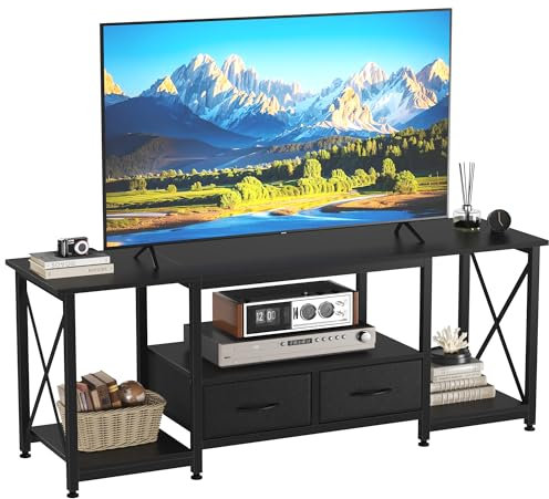 Mobile per TV 50 55 Pollici con 2 Cassetti in Tessuto e 3 Ripiani Aperti - Supporto Televisivo 120cm Nero per Soggiorno/Camera da Letto - Cabinet Moderno Design Funzionale (Capacità 55, 120cm)