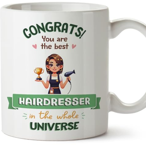 MUGFFINS Hairdresser Woman Mug - in English - Best in Universe Trophy - Funny Gift for Colleagues - Ceramic 11oz Mug