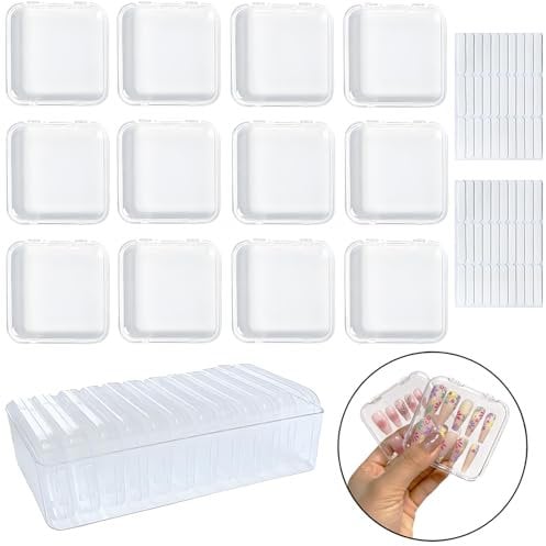 13 Pcs Clear Press On Nail Storage Box Organizer Container, False Nail Display Storage Case Press On Nail Packaging Box Nail Case with Double Sided Tape for Nail Art Home Salon Nail Business Supplies