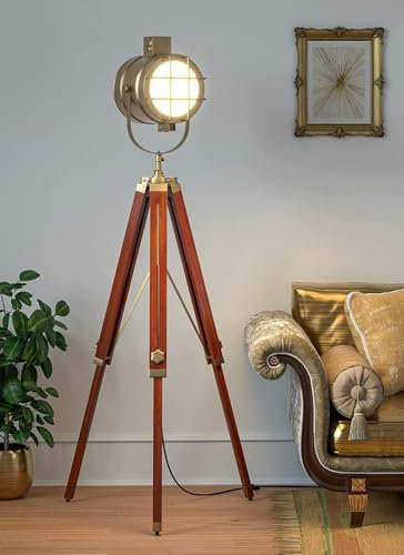 HOMYZ Spotlight Floor Lamp Brown Wooden and Brass Antique Finish Floor Light Gold Height Adjustable Tripod Floor Lamp Standing Spotlight