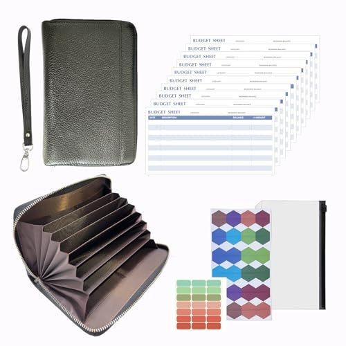 Budget wallet, budget planner, cash Filled Savings Challenge, système de budget multifonctionnel avec 12 feuilles de budget, étiquettes de catégorie et bracelet 19cm * 13cm (Noir)