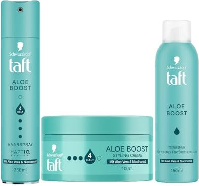 TAFT Haarspray (250 ml) & Texturspray (150 ml) & Styling Creme (100 ml) Aloe Boost, alle Haartypen, für Volumen & natürliche Wellen, mit Aloe Vera & Niacinamid sorgt für mühelose Undone Looks